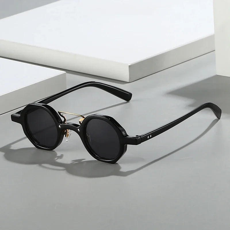 JNPCXI Retro Small Polygon Round Women Sunglasses UV400 Fashion Double Bridges Punk Men Rivets Clear Gradient Sun Glasses Shades