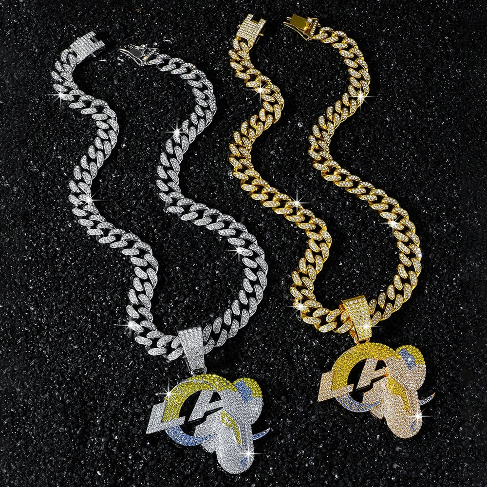 Men's Hip-Hop Personality LOGO Pendant with Cuban Link Chain Iced Out Bling Full Rhinestone Necklaces Fashion Punk Jewelry Gifts
