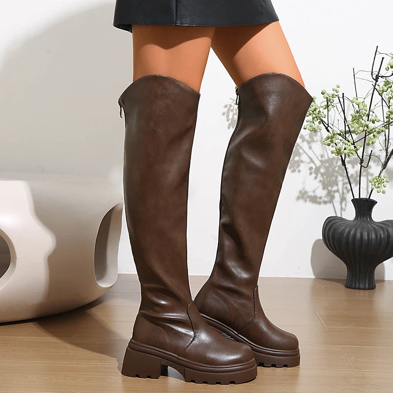 Fashion Chunky High Heel Knee High Boots Women Punk Style Platform Pu Leather Long Boots Woman Plus Size 42 Over The Knee Botas