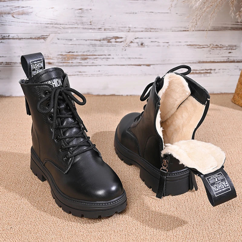 Autumn Winter Thick Plush Ankle Boots Women Fashion Double Zip Platform Motorcycle Boots Woman Non Slip Pu Leather Cotton Botas