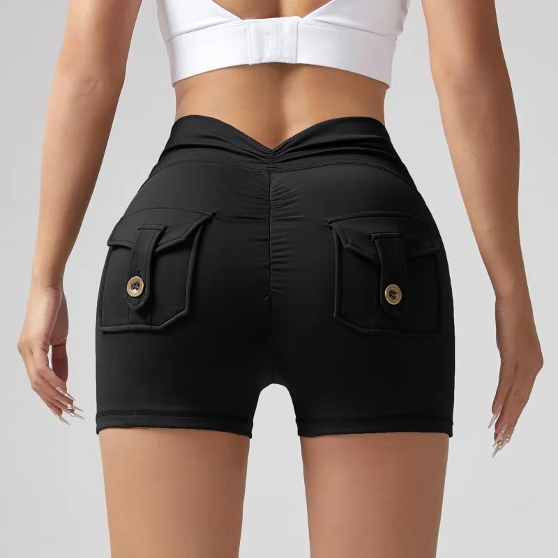 Shorts Wrinkled Tight Hip Tooling Pocket Solid Elastic Waist Yogurt Pant Legging Sets Workout Leggings for Women