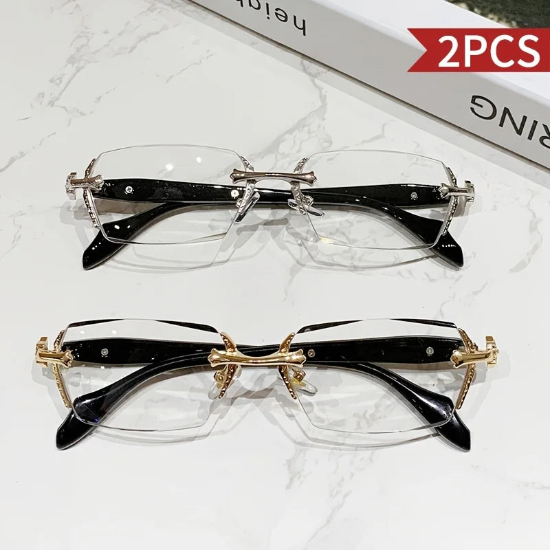 2 Sets of Pure Desire Style Metal Heavy Craft Glasses Frame Diamond Frameless Cut Edge Flat Mirror Daily Leisure Office Reading