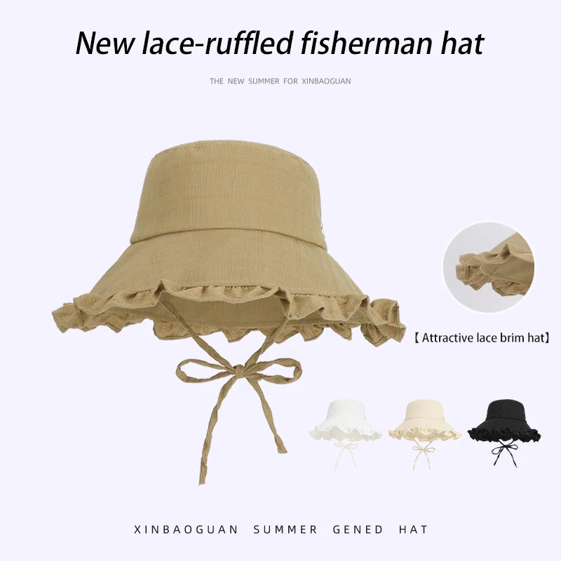 6156-New spring and summer women's outdoor hats, fashionable and versatile sun hats with lace trim and large brim, fishermanhats
