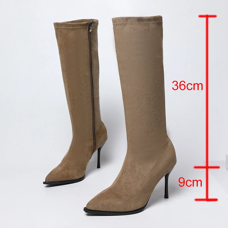 Sexy Thin High Heels Knee High Boots Women Side Zipper Flock Pointed Toe Long Boots Woman Plus Size 42 Khaki Fashion Botas Mujer