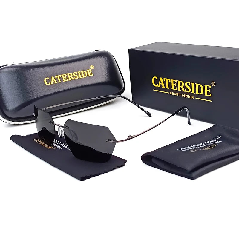 CATERSIDE Polarized Rimless Sunglasses Men 100% Titanium Ultralight Polygonal Sun Glasses Woman Cosplay Driving Party Eyewear