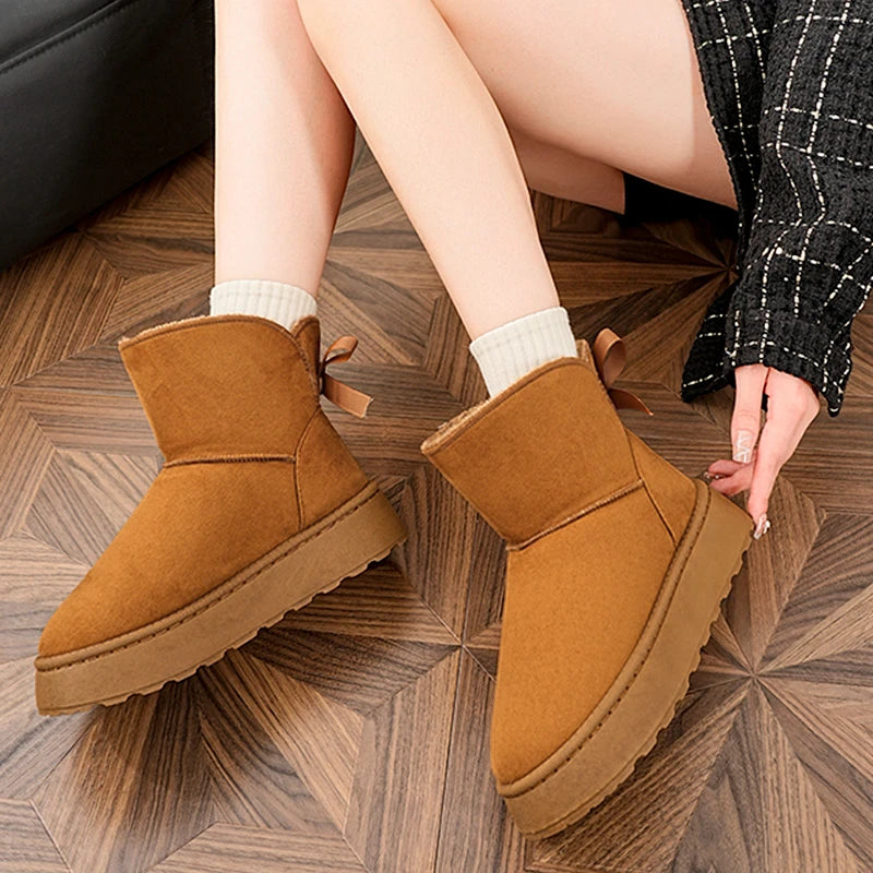 Faux Suede Platform Snow Boots Women Slip On Warm Thicken Plush Winter Boots Woman Cute Bowk Decor Non Slip Cotton Shoes Female