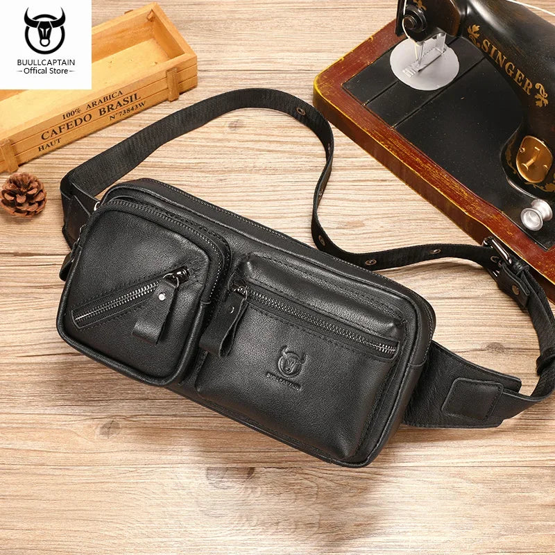 BULLCAPTAIN Men's Genuine Leather Chest Bag Outdoor Sports Shoulder Bag Multifunctional Large Capacity Waist Bag