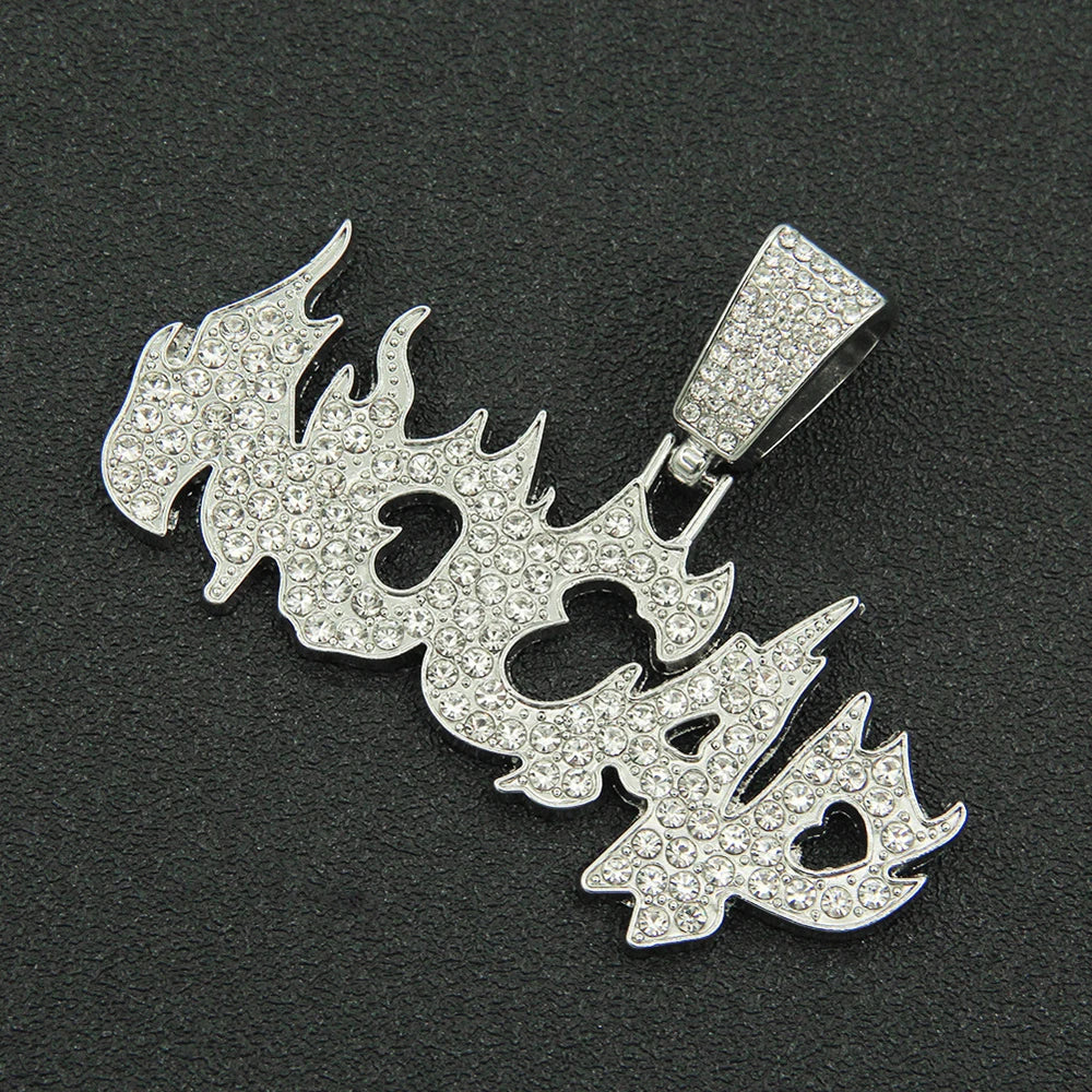 Trendy Hip Hop Iced Out Bling Flame ‘No Cap’ Letters Pendants Necklace With 15mm Cuban Chain Necklaces For Men Charm Jewelry