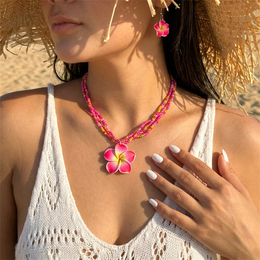 Bohemian White Plumeria Flower Necklace for Women Handmade Colorful Beaded Choker Summer Beach Vacation Jewelry Gift 2026 Trend