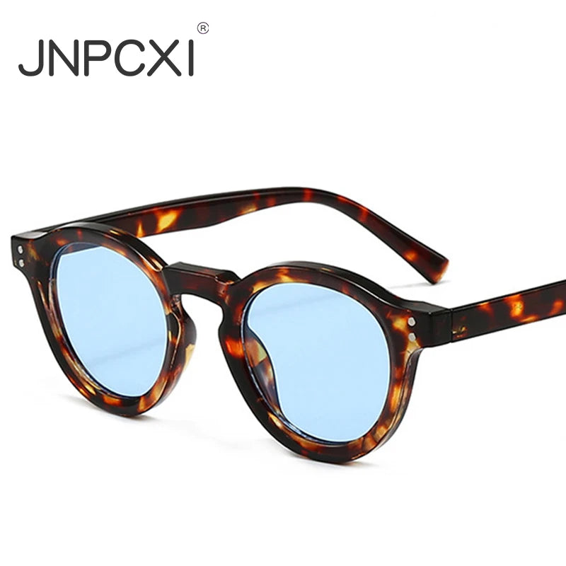 JNPCXI New Fashion Small Round Sunglasses Women Shades Fashion Leopard Blue Lens Men Trending Rivets Frame UV400