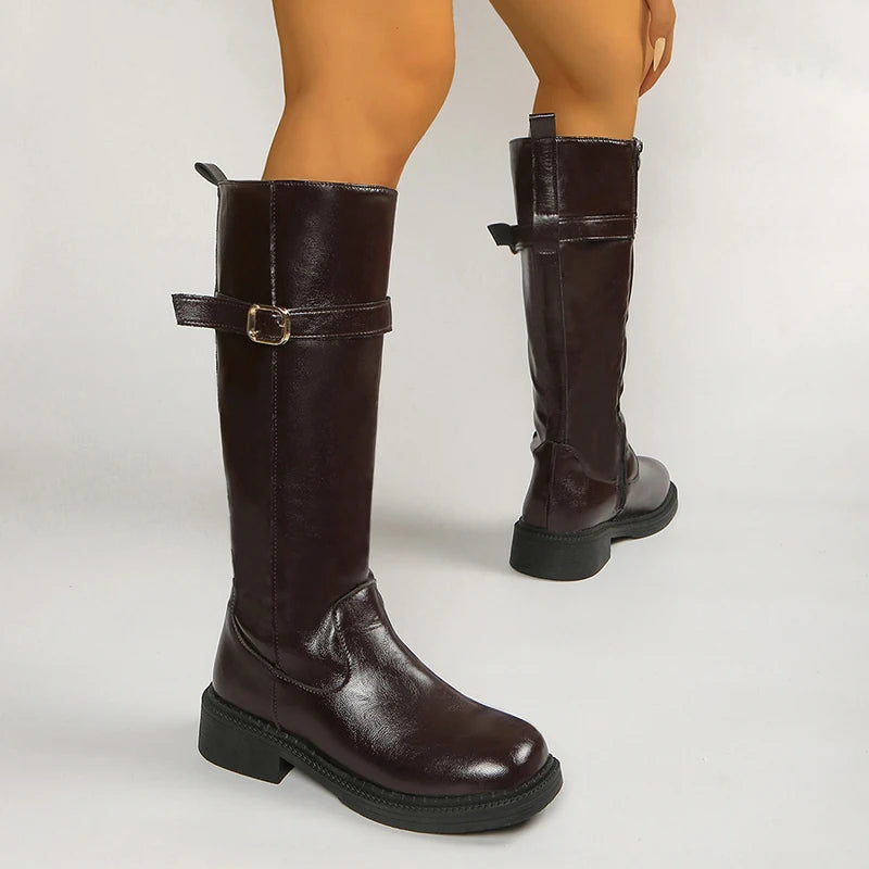 Fashion Buckle Platform Knee High Boots Women Side Zipper Pu Leather Long Boots Woman Wide Toe Thick Sole Riding Botas Mujer