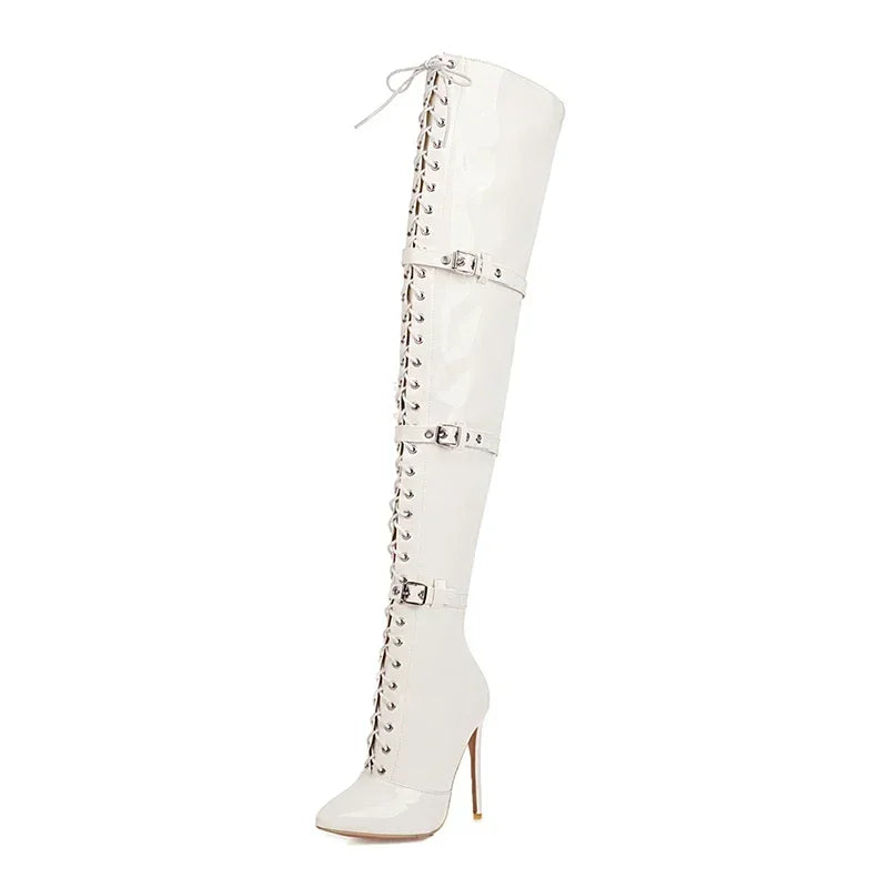 Sexy Red Thin High Heels Over The Knee Boots Women Cross Tied Pointed Toe Thigh High Boots Woman Patent Leather Long Botas 33-46