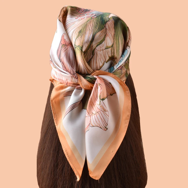 1pc Sweet Large Flower Print Silk Satin Square Scarf Women's Hair Accessory Spring New Style Versatile Belt Bag Decoration Heads
