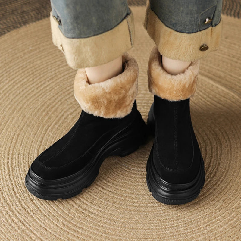 Fashion Faux Fur Platform Ankle Boots Women Back Zipper Warm Long Plush Winter Boots Woman Faux Suede Non Slip Short Booties