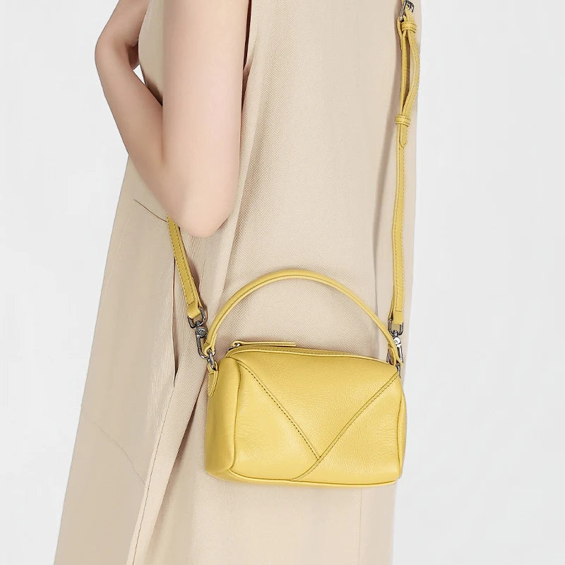 Genuine Cowhide Leather Mini Crossbody Bag for Women Pebbled Leather Top Handle Crossbody Bag with Geometric Stitching