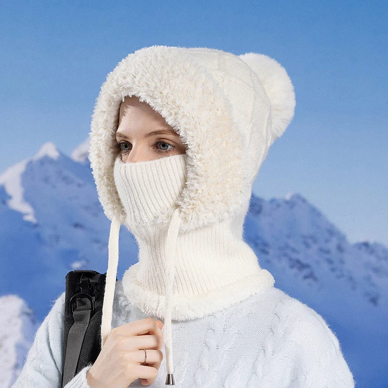 Xinbaoguan 100% Acrylic 8408 cross-border winter velvet knitted yarn hat women's mask scarf integrated warm ear protection hood