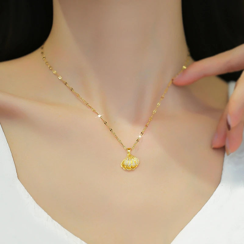 Stainless Steel Shell Pearl Pendant Necklace for Women 2025 Trend Luxury Crystal Zircon Necklaces Fashion Jewelry Birthday Gift