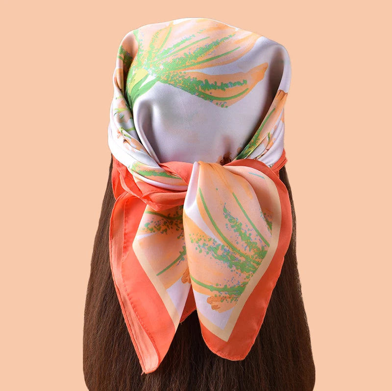 1pc Sweet Large Flower Print Silk Satin Square Scarf Women's Hair Accessory Spring New Style Versatile Belt Bag Decoration Heads