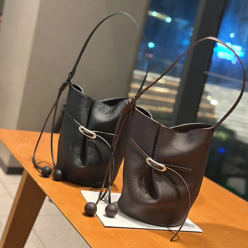 Women Mini Genuine Leather Bucket Bag Real Leather Crossbody & Top Handle Drawstring Shoulder Bag Luxury Designer Underarm Bags
