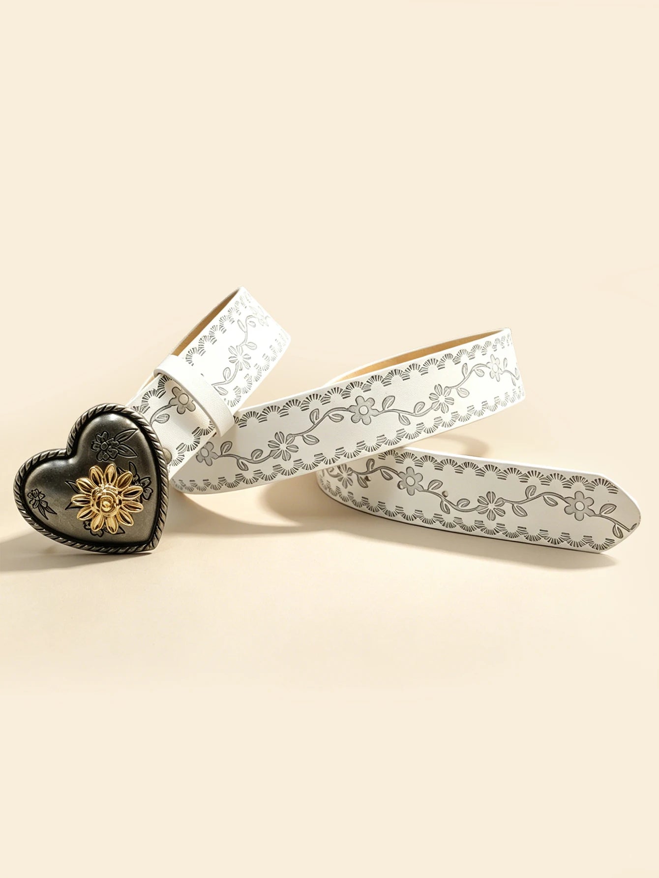 Heart Flower Metal Buckle Belt Brown Embossed Women's Retro Waistband Fashion Decorative Belt