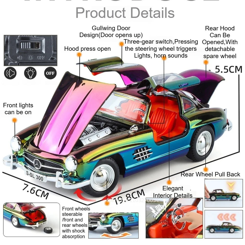 1:24 300SL 500K Alloy Vintage Car Diecast Toy Model Shock Absorption Door Opened Sound Light Pull Back Miniature Models Boy Gift