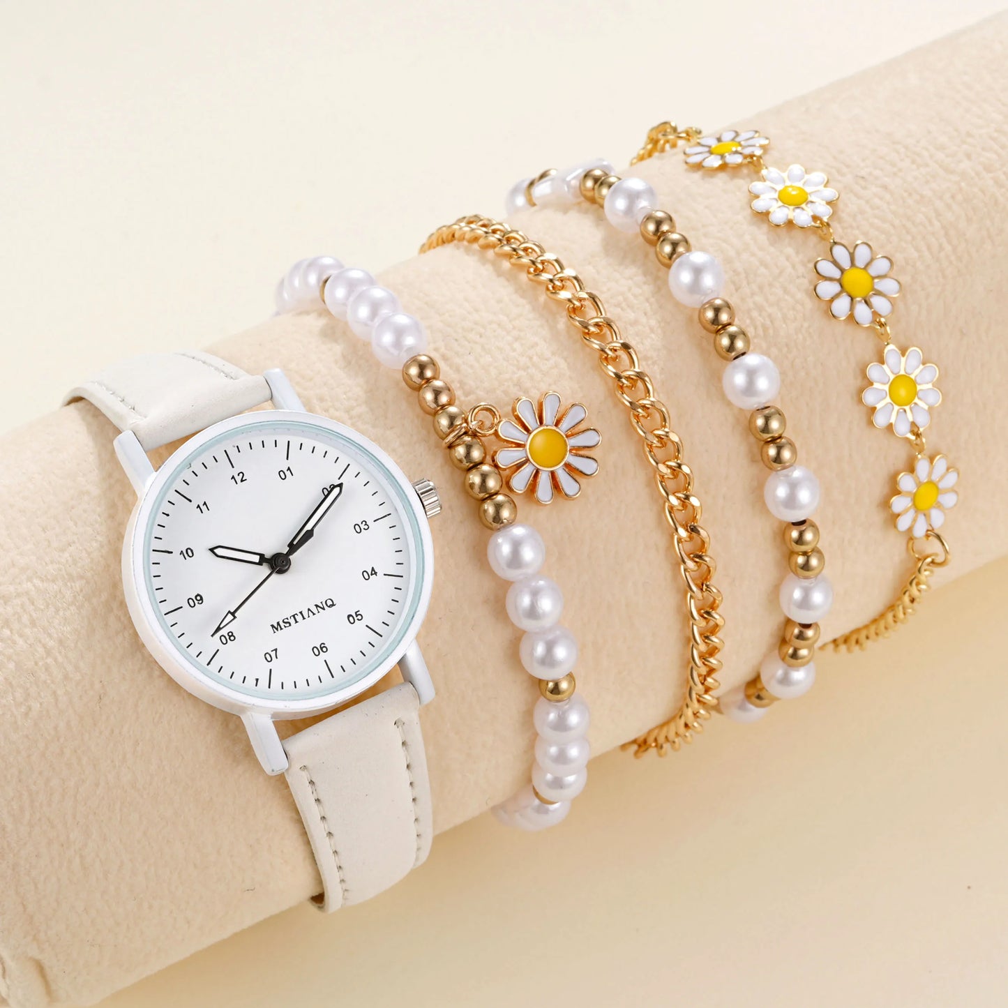 5pcs/Set Lovely Creative Pentagram Daisy Pearl String Handmade Bracelet Watch