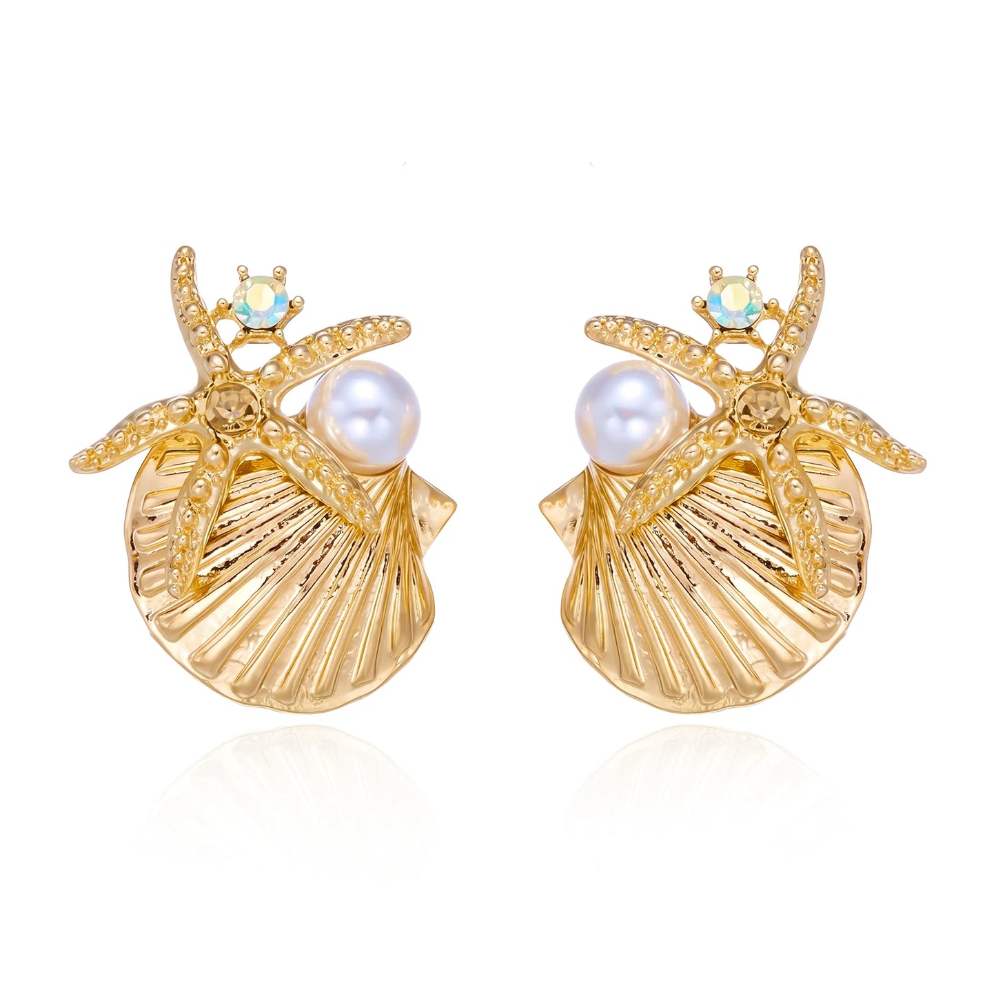 Mermaidcore Statement Gold Ocean Jewelry Set Women Chunky Starfish Shell Coral Pearl Crystal Necklace Bracelet Earrings Resort G