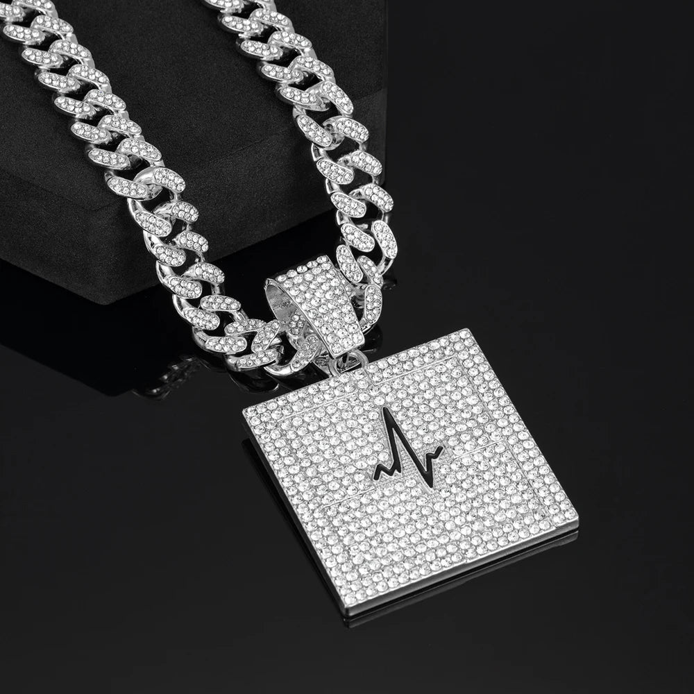 Hip Hop Electrocardiogram Lifeline Geometric Pendant Necklace With 13mm Box Buckle Cuban Chain Necklaces Fashion Jewelry For Men