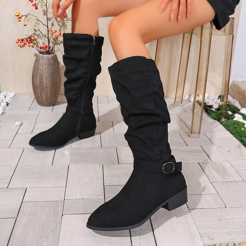 Pleated Design Block Heel Knee High Boots Women Plus Size 36-42 Zipper Long Boots Woman 2025 Fashion Buckle Flock Botas Mujer