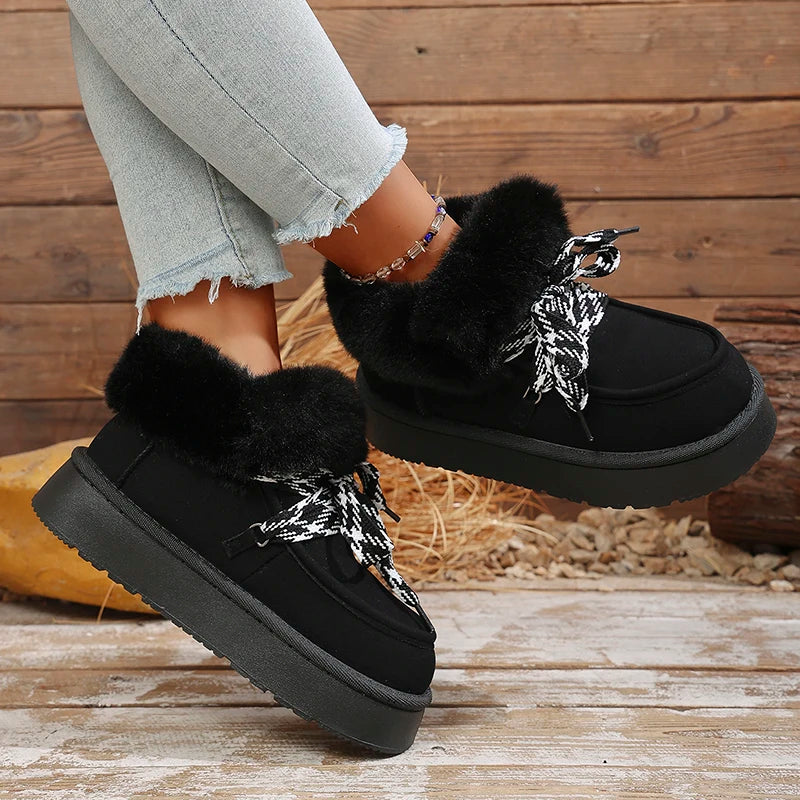 Faux Fur Thick Bottom Snow Boots Women Cross Lace Up Thicken Plush Warm Winter Boots Woman Slip On Platform Ankle Booties Mujer