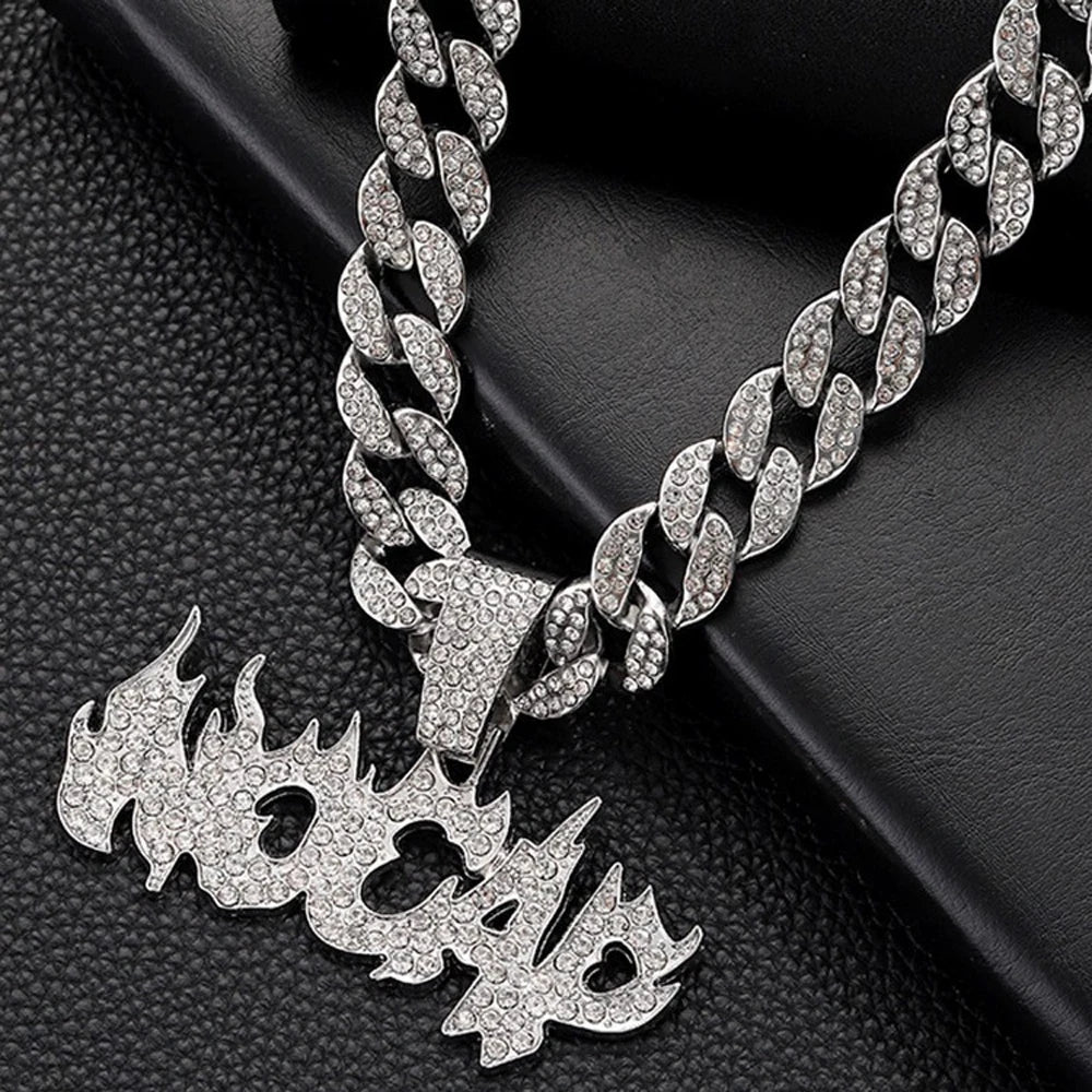 Trendy Hip Hop Iced Out Bling Flame ‘No Cap’ Letters Pendants Necklace With 15mm Cuban Chain Necklaces For Men Charm Jewelry