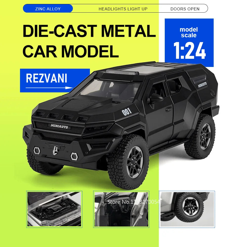 1:24 Rezvani Motors Model Toys Diecast Toys Doors Opened with Sound Light Pull Back Front Wheel Steering Vehice Boy Holiday Gift