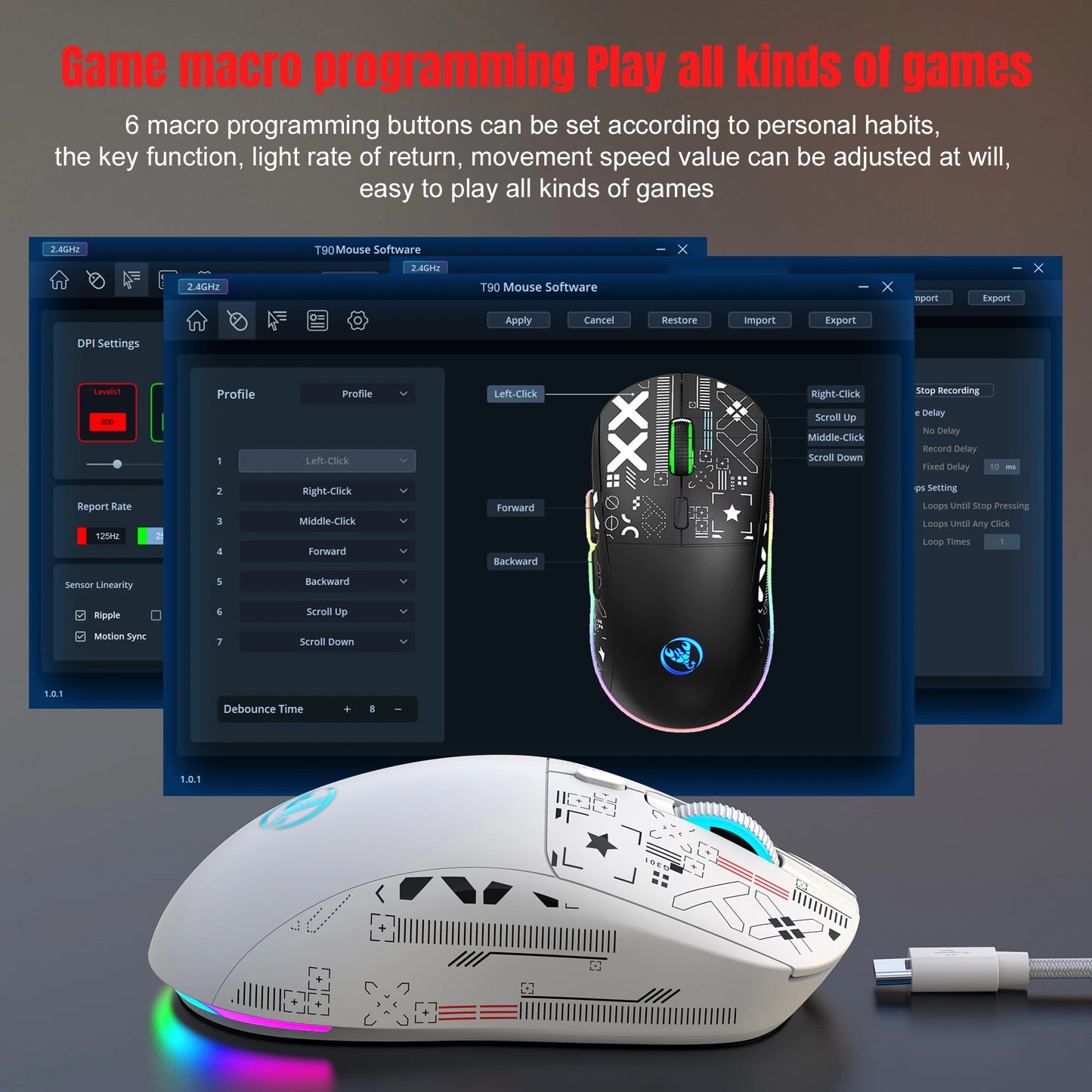 T90 2.4G 3-mode silent buttons ergonomic Color RGB Backlit 650mAh wireless mouse
