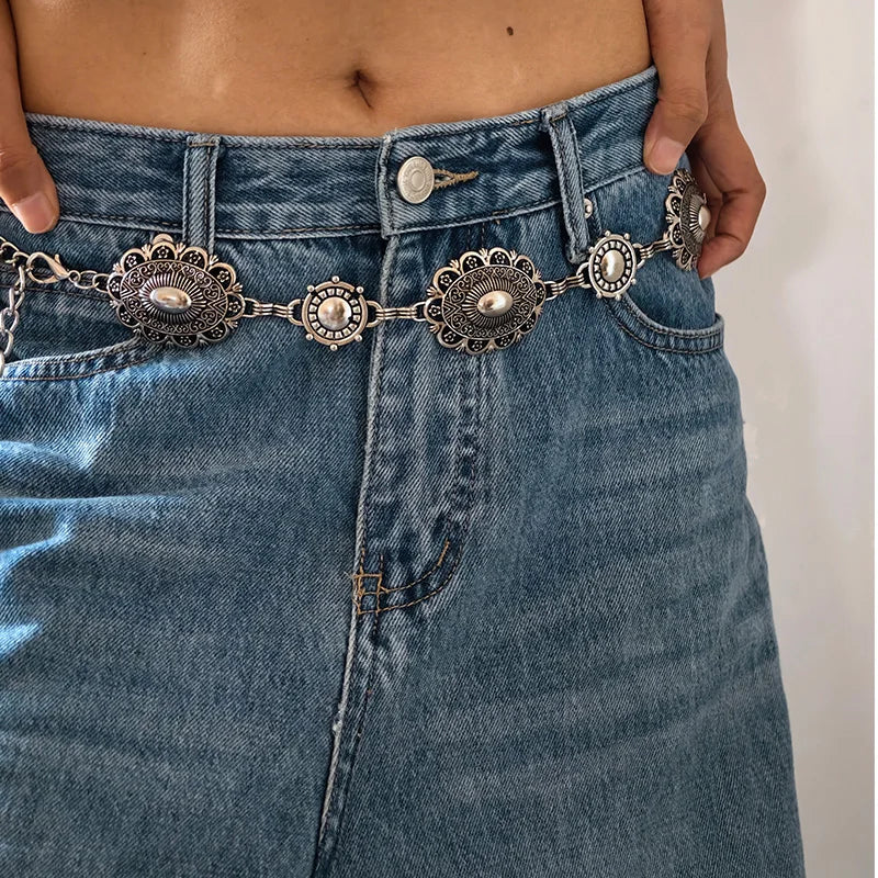 High Quality Metal Women's Waist Chain Gold Durable Retro Western Cowboy Adjustable Carved Chain Belt Jeans Metal Waistband