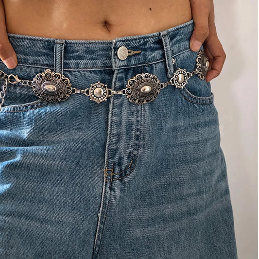 High Quality Metal Women's Waist Chain Gold Durable Retro Western Cowboy Adjustable Carved Chain Belt Jeans Metal Waistband