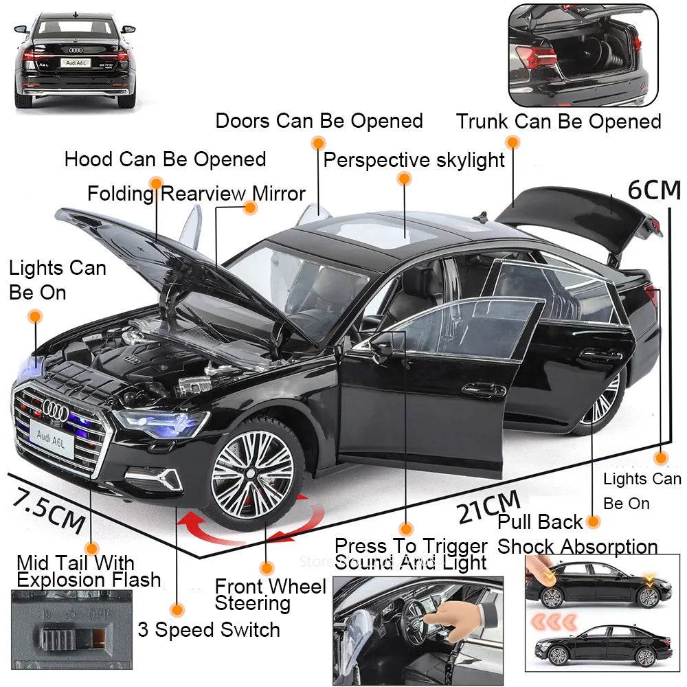 1:24 A6L A6 Miniature Model Toys Alloy Diecast Cars Front Wheel Steering Sound Light Pull Back Doors Opened Vehice for Boys Gift