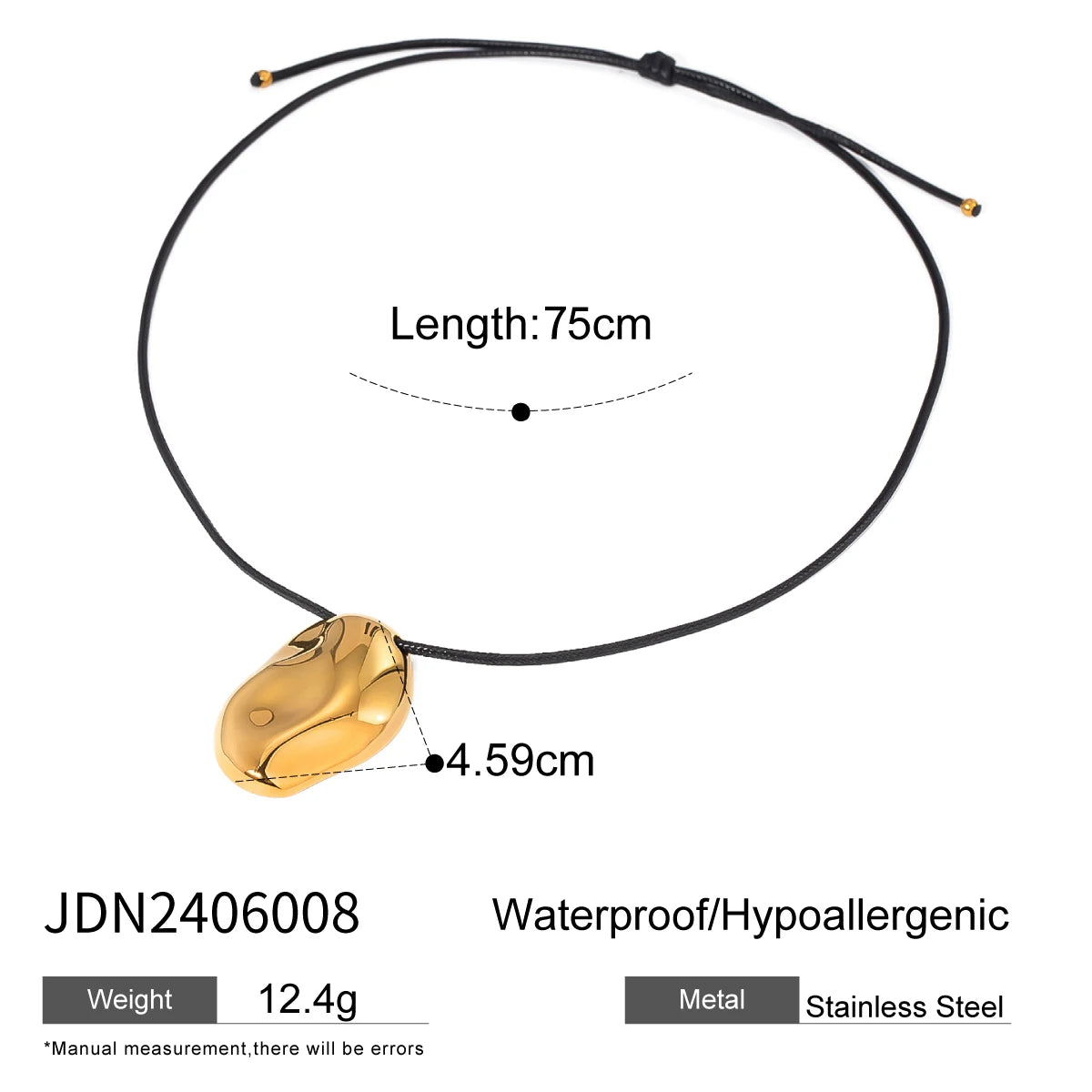 Uworld Fashion Trend 18k Gold Color Plated Stainless Steel Oversized Hammer Pattern Pendant Black Wax Rope Necklace Women's Acce