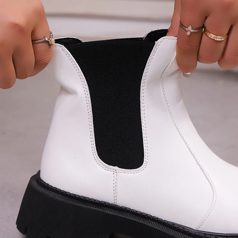 Black Pu Leather Platform Chelsea Boots Women Fashion Elastic Band Thick Sole Ankle Boots Woman Plus Size 42 Short Booties Mujer