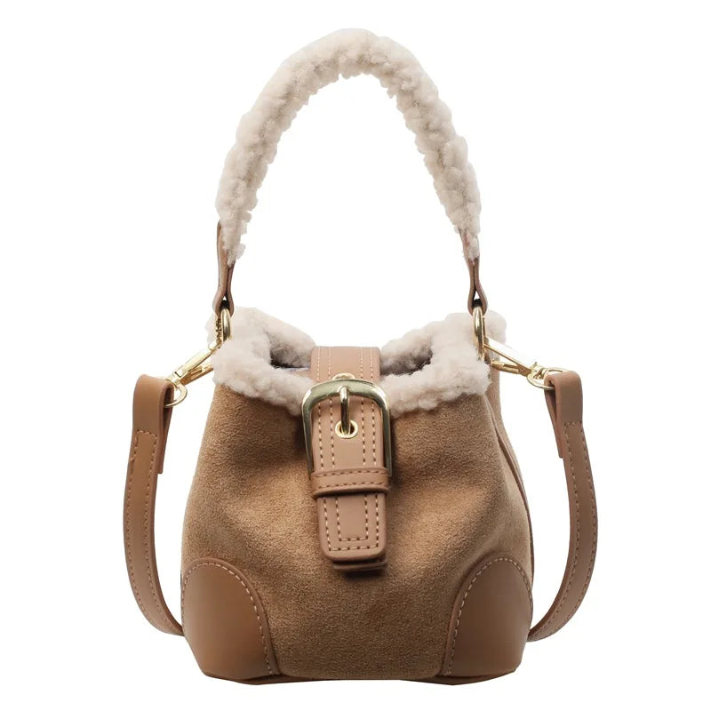 Women's Bags Bucket Shoulder Handbag Autumn Winter Vintage Versatile Lamb Wool Handbag Elegant Fashion Crossbody Bag Wholesale