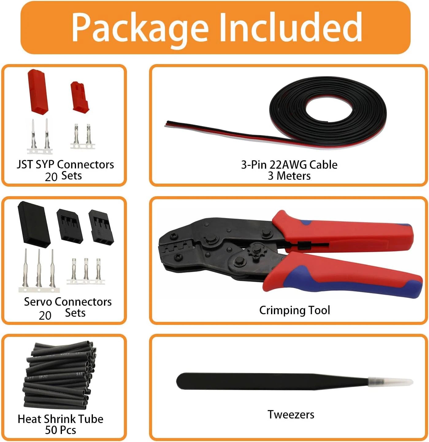 50 Sets JST Servo Connectors Male Female Crimp Pin and Cable Kit with Crimping Tool Compatible for Hitec, Futaba, Spektrum Model