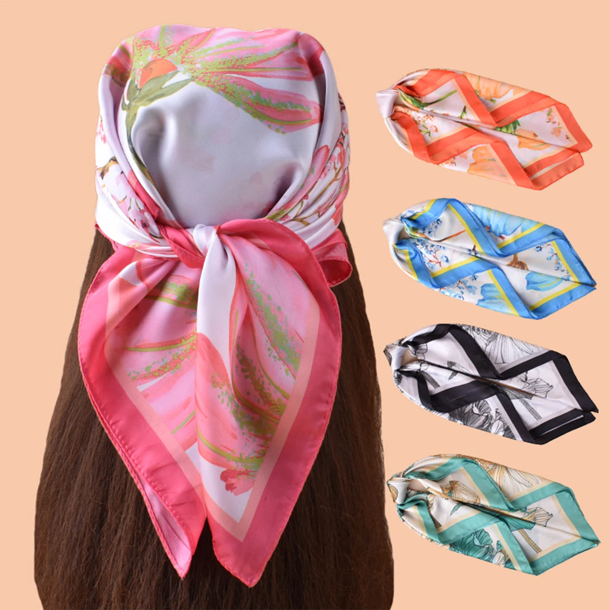 1pc Sweet Large Flower Print Silk Satin Square Scarf Women's Hair Accessory Spring New Style Versatile Belt Bag Decoration Heads