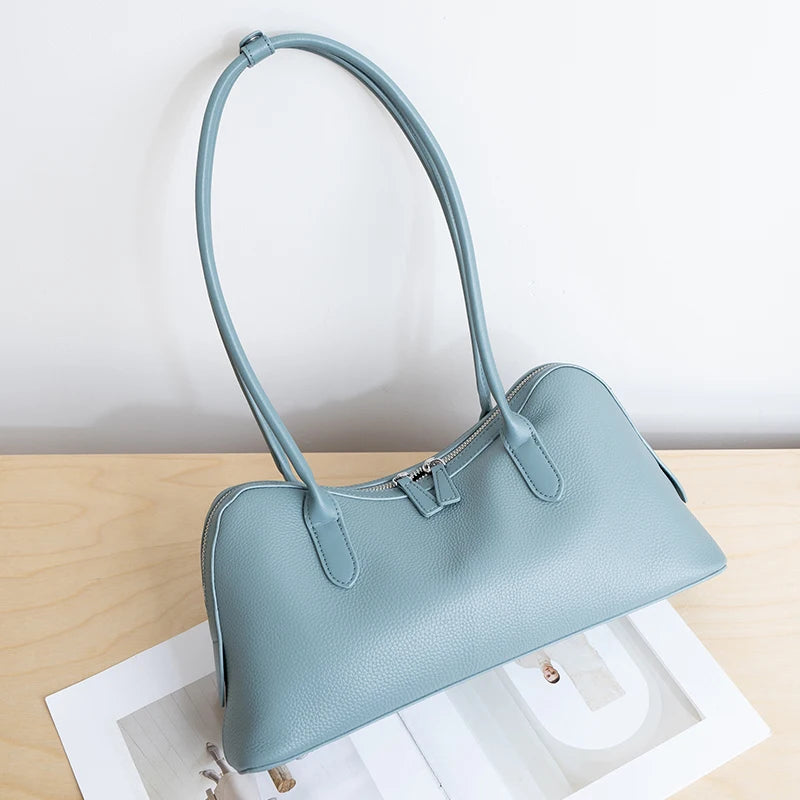 Genuine Cowhide Leather Large Baguette Shoulder Bag for Women Daily Office Pebbled Leather Hobo Tote Bag with Zipper Closure