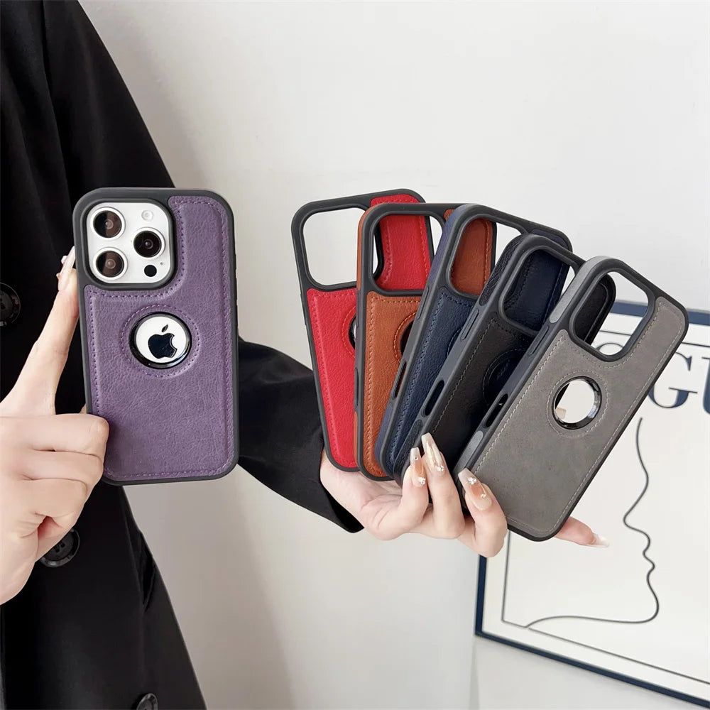 Luxury Business PU Leather Cowhide Case For iPhone 17 17Air 11 12 13 14 15 16 Pro Max Plus Logo Hole Shockproof Protective Cover