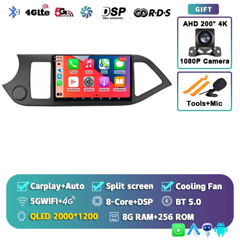 For KIA PICANTO Morning 2011 2012 - 2017 2K 12+256 QLED Android 15 CarPlay Car Radio Multimedia Video Player GPS stereo Head DSP