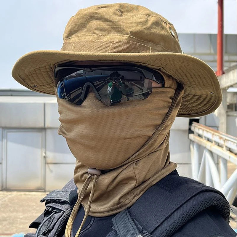 2Pcs Wide Brim Hat & Balaclava Set Men Outdoor Sun Boonie Cap Hiking Fishing Hat