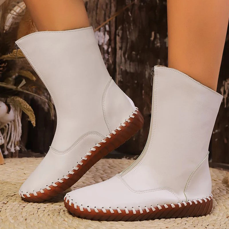 Vintage Pu Leather Mid-Calf Boots Women Winter Thick Warm Short Plush Boots Woman Zipper Flat Heel Beige Black Botas Mujer
