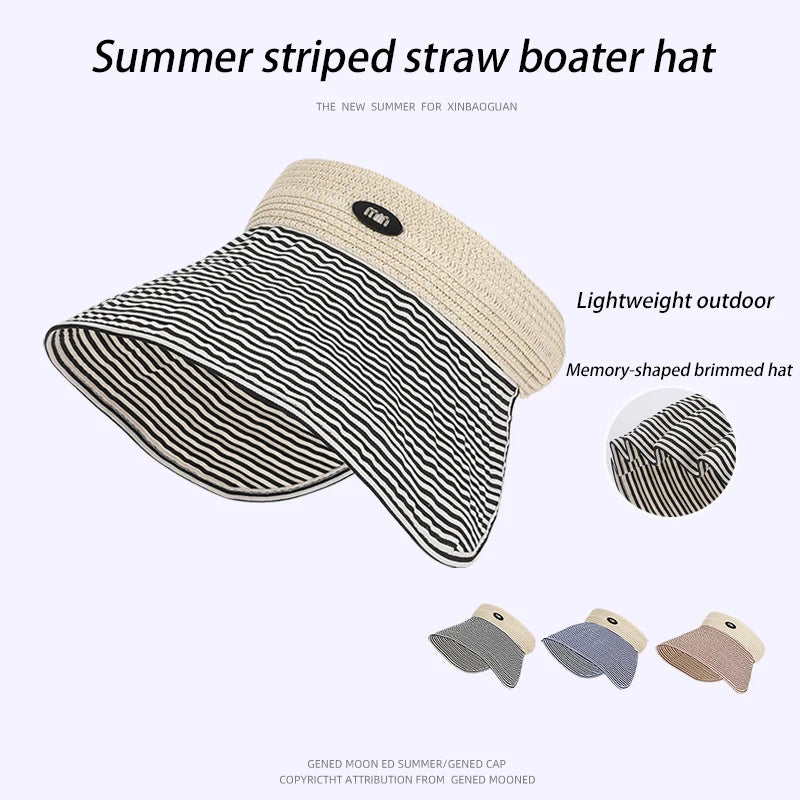 6175-New summer women's wide-brimmed hat - beach and sand grass-wovensunprotectionhat, versatile and fashionable striped top hat
