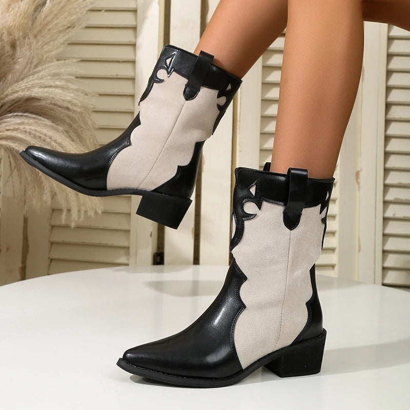 British Style Pointed Toe Ankle Boots Women 2025 Fashion Thick Heels Western Boots Woman Patchwork Slip On Cowboy Booties Mujer