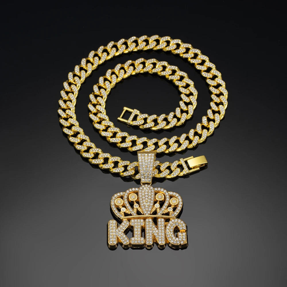 Men Hip Hop Crown KING Letter Pendant Necklace with 13mm Miami Cuban Chain Iced Out Bling HipHop Necklaces Fashion Women Jewelry