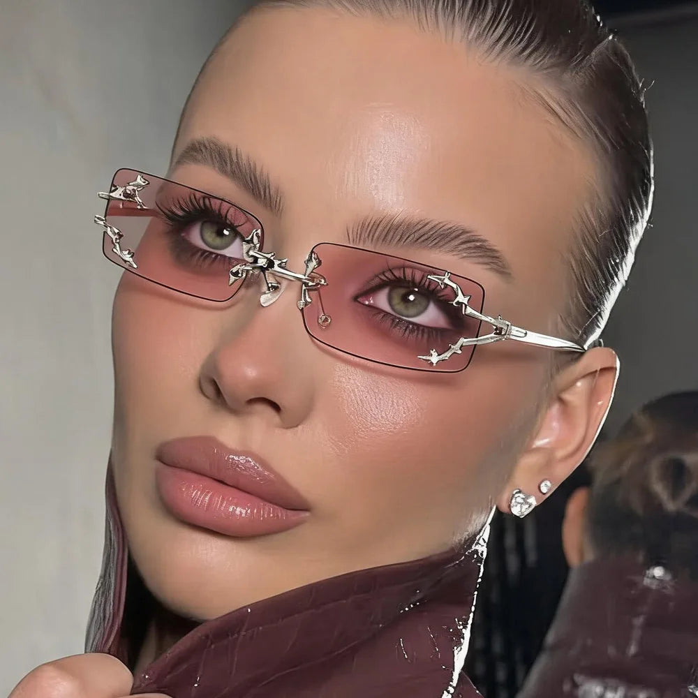JNPCXI New Y2K Rimless Square Star Sunglasses for Women Fashion Vintage Hip Hop Driving UV400 Eyewear Frame Outdoor Men Punk
